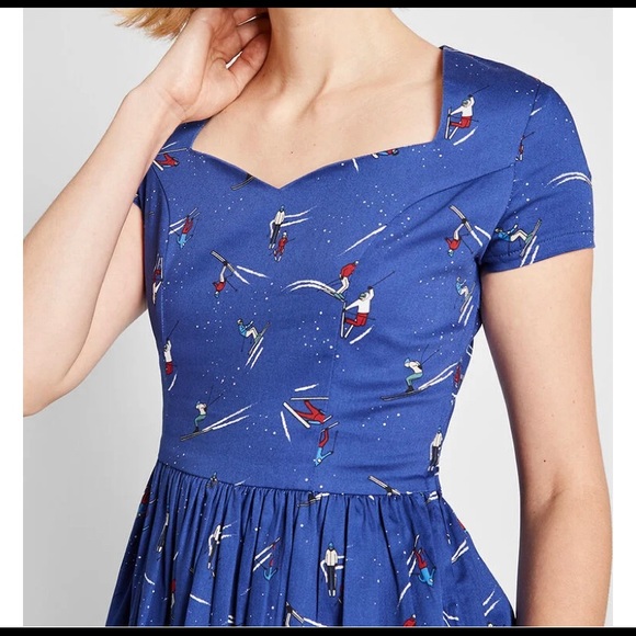 ModCloth NWT Ski Print Pleaser blue fit and flare dress women’s XS short sleeve - Picture 2 of 11